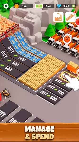 Конвейерная линия в Idle Lumber Empire от леса до фабрики